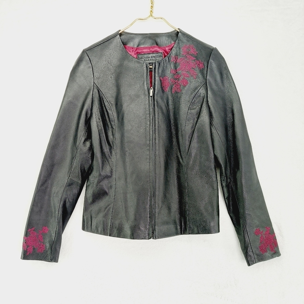 Jaclyn Smith Classic Black Long Sleeve Full Zip Leather Jacket 3765